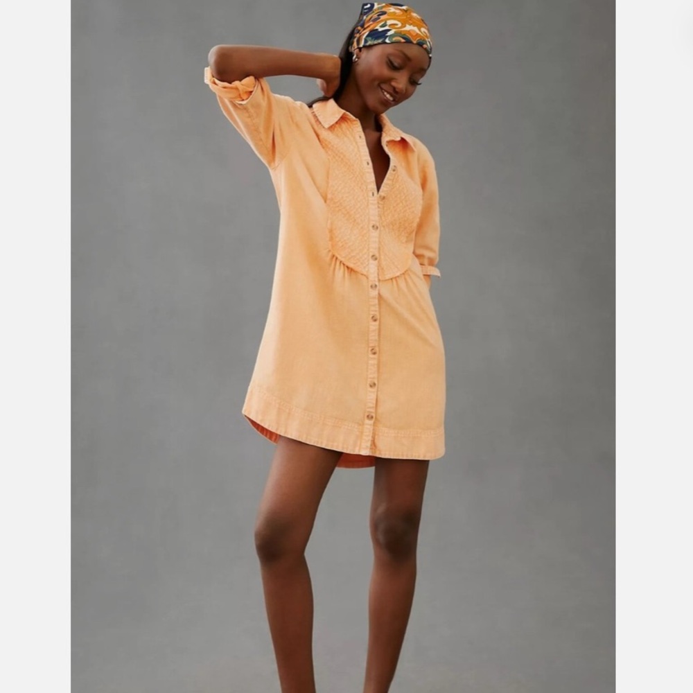 ANTHROPOLOGIE PILCRO BUTTON-DOWN TIE BACK MINI SHIRT DRESS PEACH size large